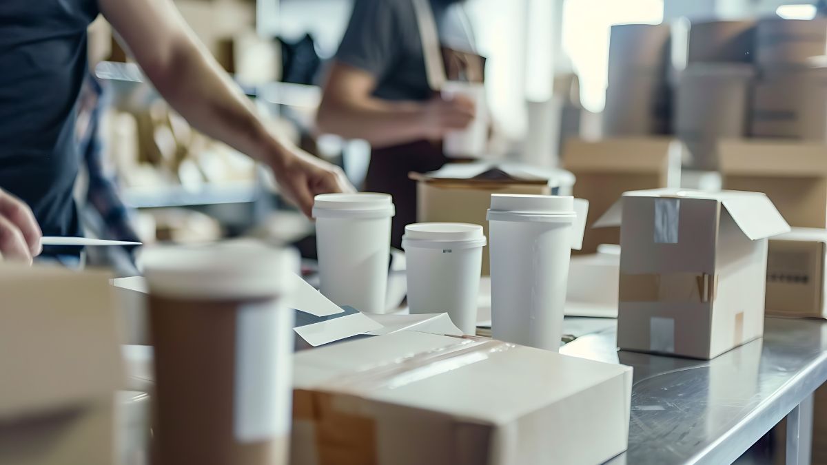Empresas de embalagem montando embalagens de papel para copo