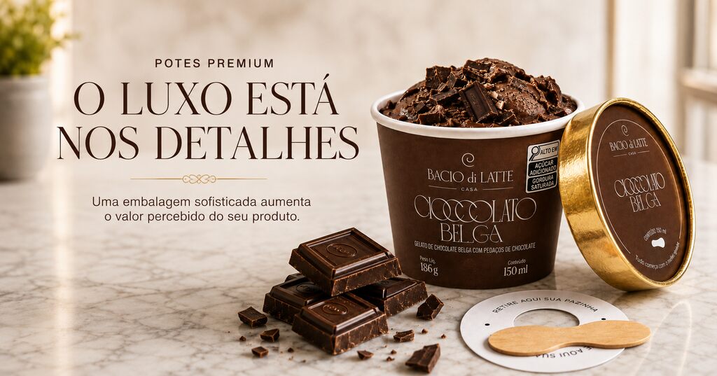Pote personalizado para sorvete com acabamento premium, tampa dourada e identidade visual sofisticada.