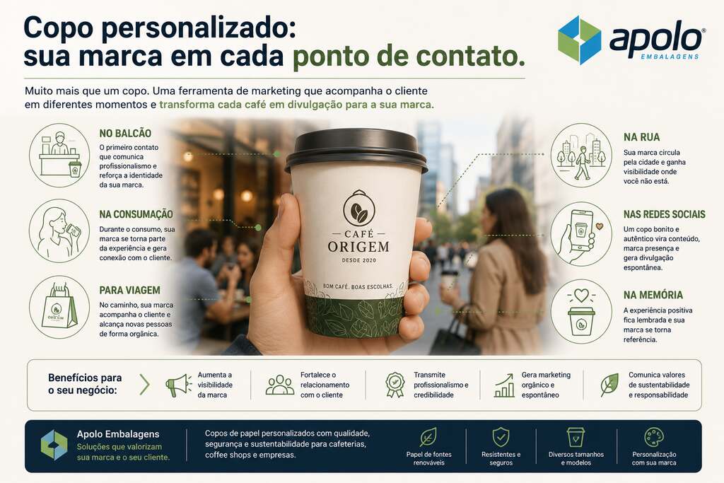 Infográfico com os principais tamanhos de copos de papel para café (100 ml, 180 ml, 240 ml e 360 ml) e suas indicações de uso.