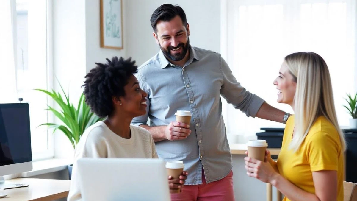 Grupo de profissionais conversando em um ambiente de escritório moderno, segurando copos de café, transmitindo um clima de cooperação e entusiasmo.