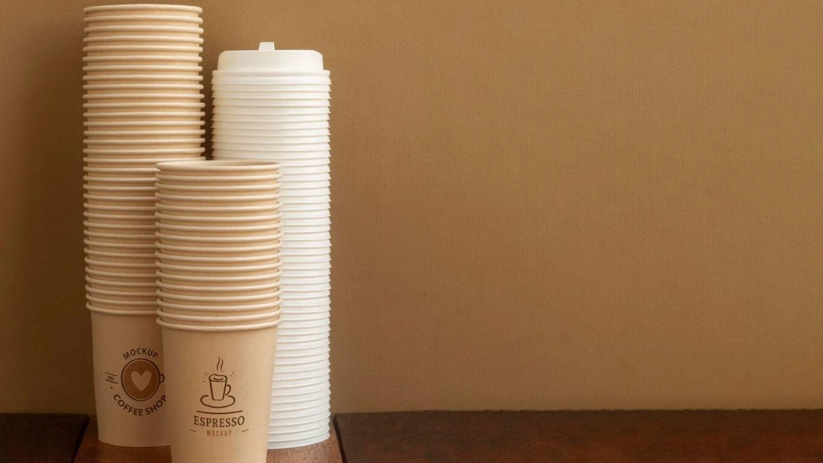 Imagem de copos de papel empilhados, ideal para cafeterias. A imagem destaca copos de café personalizados e recicláveis.