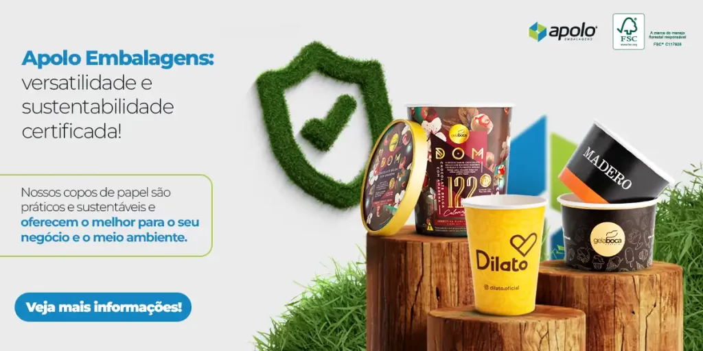 A imagem destaca embalagens de papel da Apolo, sinalizando sustentabilidade e versatilidade, com copos coloridos sobre uma superfície natural.