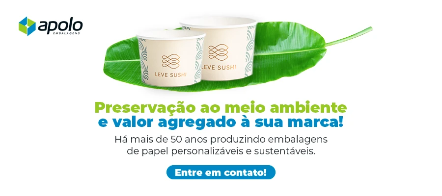 Embalagens sustentáveis da Leve Sushi destacadas em uma folha verde. Apresentação e valorização da marca com foco na preservação ambiental.