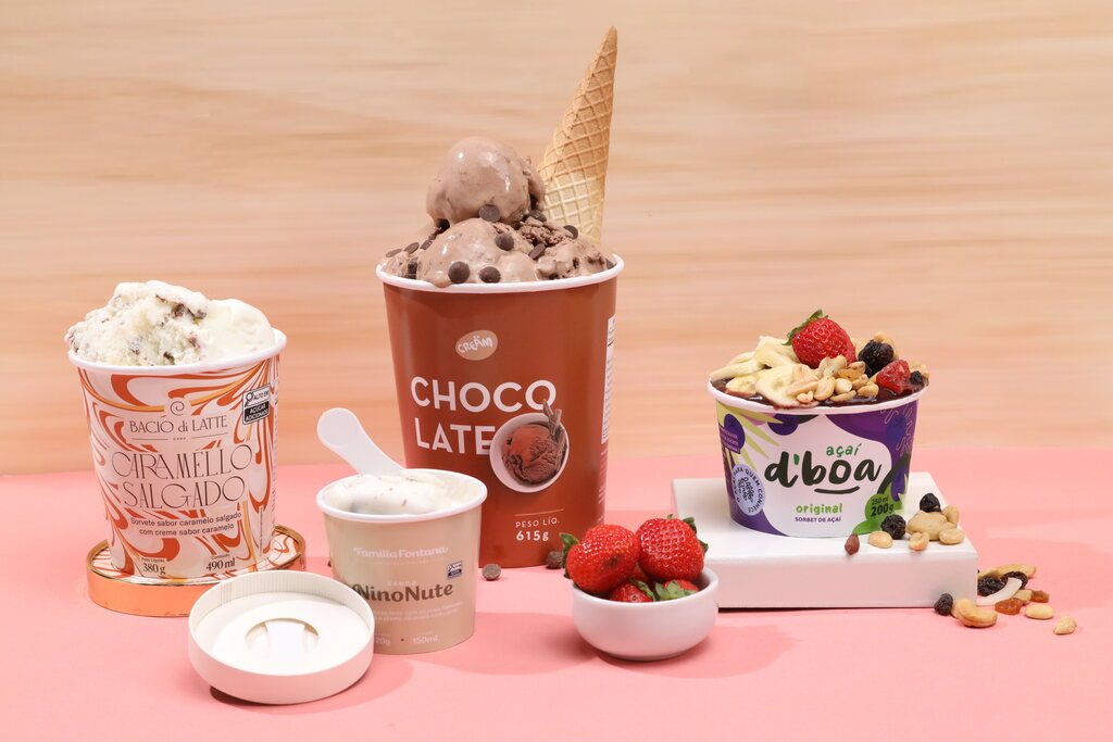 Embalagens de papel personalizadas para sorvete, gelato e açaí em diferentes tamanhos, ideais para consumo no local e delivery.