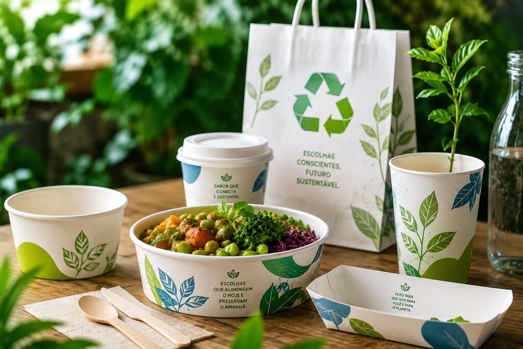 Embalagens personalizadas para food service sustentável, incluindo bandeja de papel, copos e potes biodegradáveis com alimentos frescos sobre mesa de madeira.